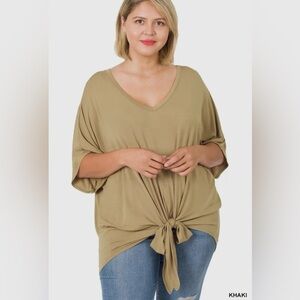 New!Plus Size Khaki Women's Luxe Rayon V-Neck Tie-Front Top 1X 2X 3X